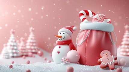 Poster - 3D Christmas-themed cartoon illustration, featuring a large red bag with a candy cane and gingerbread man on the side, a small snowman next to it, set against a background with pastel pink color.