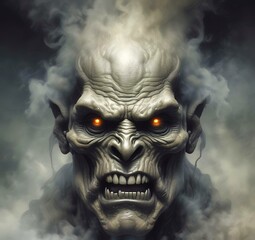 Illustration of devil spooky face in dramatic smoke.