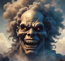 Illustration of devil spooky face in dramatic smoke.