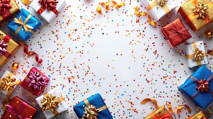 Poster - Present gift boxes with confetti and ribbons on a white background for a festive holiday frame.