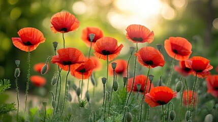 Wall Mural - Beautiful poppy flowers bloom in spring, creating a vibrant display against a natural backdrop. The stunning poppy flowers add color and freshness to the scenic view with ample space for text.