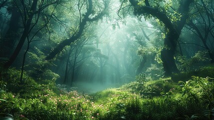 Poster - A lush, mystical forest, within which you can perceive the spirit of nature illustrated in a fantasy style.