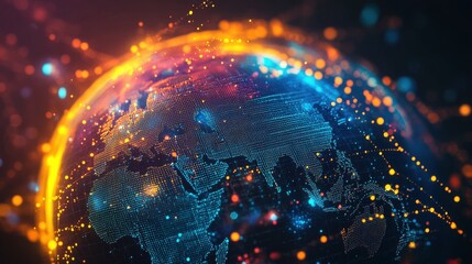 Poster - Digital Globe with Glowing Particles and Lights in Dark Background