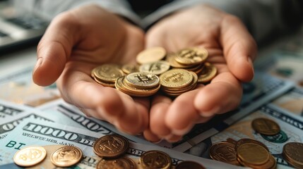 Poster - A close-up of hands holding coins and banknotes, with a background of financial charts and graphs. Include elements like a calculator, credit cards, and a modern office setting.
