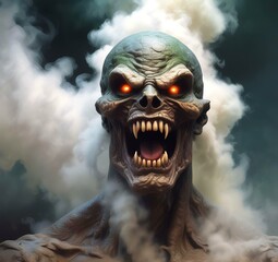 Illustration of devil spooky face in dramatic smoke.