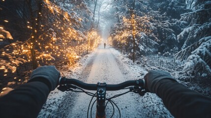 Aufkleber - Pedaling along a snow-covered trail surrounded by trees adorned with twinkling lights creates a magical atmosphere. The frosty air and serene beauty enhance the joy of biking in winter.