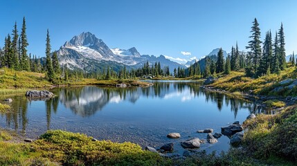 Sticker - Scenic mountain landscape with a tranquil lake, surrounded by pine trees and a clear sky. This nature photography captures the beauty of the mountains, offering peaceful ambiance and ample copy space.