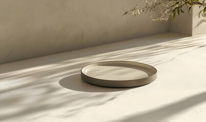 Poster - A minimalist round tray on a light surface with soft shadows and a hint of greenery.