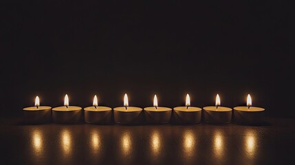 Sticker - A tranquil row of burning candles illuminates the night, creating a warm ambiance. This photo captures the serene beauty of burning candles against a dark backdrop with ample copy space.