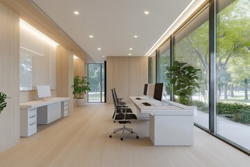 Wall Mural - Minimalist reception area with bright lighting and modern furnishings in a contemporary setting