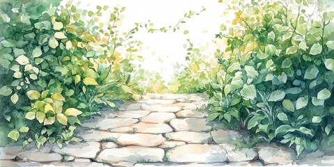 Wall Mural - Pathway through a lush green garden filled with vibrant plants in soft light