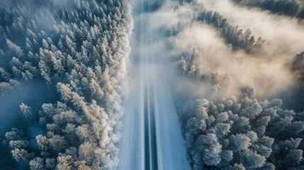 Wall Mural - Winter road through snow covered forest with fog and mist in early morning light