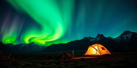 a man camping in wild northern mountains with an illuminated tent under a green northern lights auro