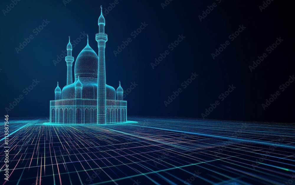 Abstract vector wireframe of Ramadan, mosque domes, and crescent moon on a dark blue background with a copy space area