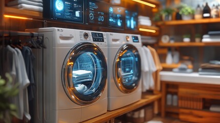 Poster - Smart washing machine in a modern laundry room with organized shelves and illuminated features