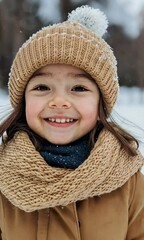 Sticker - A young girl wearing a brown hat and scarf is smiling and posing for a picture