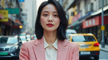 Sticker - A woman in a pink jacket stands in front of a building