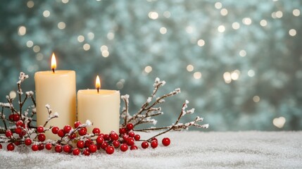 Wall Mural - Two lit candles are surrounded by vibrant Christmas berries and a touch of snow, creating a warm, festive atmosphere in winter