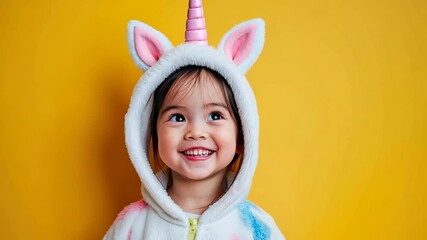 Wall Mural - A young girl wearing a unicorn costume is smiling and looking at the camera. Concept of innocence and joy, as the child appears to be enjoying her time in the costume