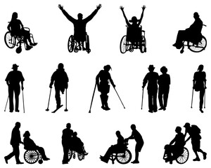 Silhouettes of old and disabled people on a white background	