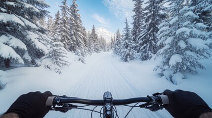 Aufkleber - Riding a bike through a serene winter forest, surrounded by snow-covered trees and glistening trails.
