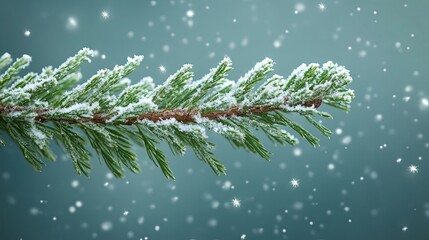 Wall Mural - A snowy green spruce branch with delicate snowflakes gently falling against a blue background. Perfect as a winter banner or template for Christmas greetings, holiday promotions, and seasonal designs