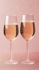 Wall Mural - Celebration with sparkling drinks in elegant glasses on a pink glitter background