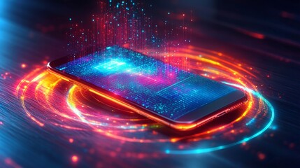 Poster - Smartphone displaying a holographic interface for smart home control at night