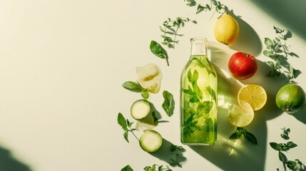 Wall Mural - Colorful assortment of fresh vegetables and fruits arranged around green smoothie bottle