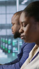 Poster - vertical video system administrators in data center implementing ai systems. server farm specialists