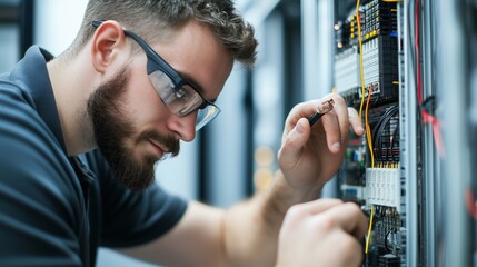 Poster - technician repairs electrical equipment in a server room during daytime