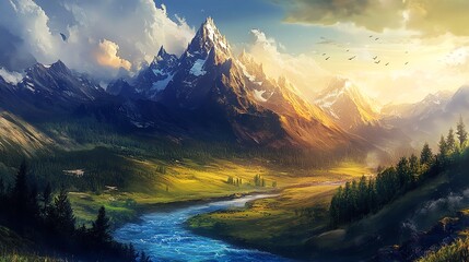 Wall Mural - A majestic mountain range with a winding river in the valley below, bathed in golden sunlight.