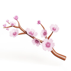 3d cherry blossom branch render icon. Sakura flower with pink petals, japanese spring blossom plant. Plum, apricot, peach, almond, apple fruit tree blossoming, isolated design element. 3D illustration