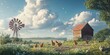 © Chom - Scenic rural landscape with chickens roaming freely near a rustic barn and windmill under a beautiful cloudy sky in a peaceful countryside setting