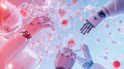 Poster - Robots interacting with digital data in a futuristic environment, showcasing advanced technology and artificial intelligence
