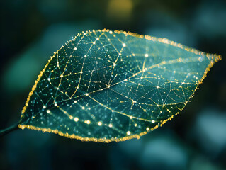Aufkleber - A close-up of a leaf illuminated with sparkling details, showcasing nature's intricate patterns.