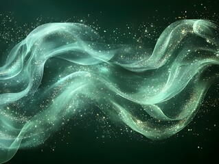 Wall Mural - An ethereal abstract background with flowing translucent waves in soft green hues, intertwined with delicate shimmering particles, creating a mystical atmosphere.