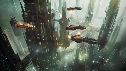 Poster - A futuristic city from above with flying vehicles around