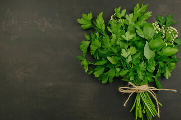 Poster - fresh herbs like basil, cilantro, and parsley tied together with twine on a rustic surface.