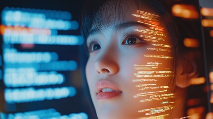 Poster - young woman gazes thoughtfully at digital displays while contemplating technology and innovation in 