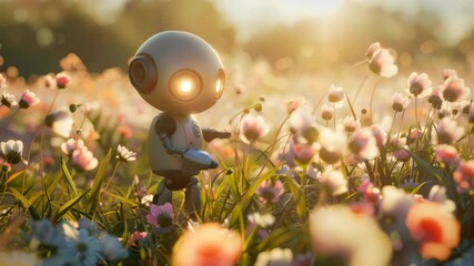 Poster - A cute robot in a flower field