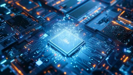 Poster - Close up of an advanced microchip with data flowing through it