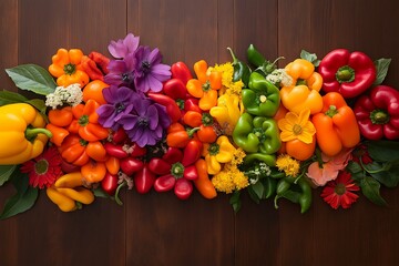 Poster - A rainbow arrangement of bell peppers red, yellow, green, orange on a rustic wooden table.