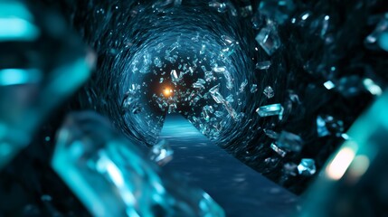 Poster - digital tunnel filled with glowing crystals and dynamic light effects in a futuristic landscape