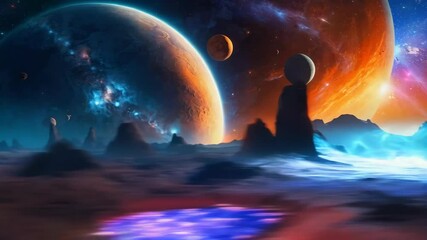 Wall Mural - A dramatic and vivid space scene with detailed cracked surface planets and other celestial bodies
