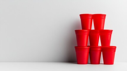 Poster - Stack of red plastic cups on a white background. The cups are arranged in a pyramid shape
