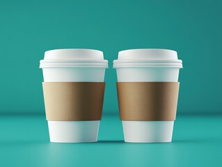 Poster - Two coffee cups with brown lids and white paper cups. The cups are placed on a green table