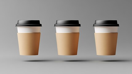 Poster - Three coffee cups with lids are floating in the air. The cups are brown and white, and they are placed on a gray background. The scene gives off a sense of lightness and playfulness