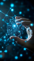 Poster - A hand holds a glowing, interconnected network symbolizing technology and innovation.