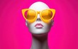 © Who is Santi - A white mannequin head wearing vibrant yellow glasses, centered against a solid pink background
